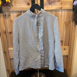 Classic Gray and White Striped Blouse with Ruffle